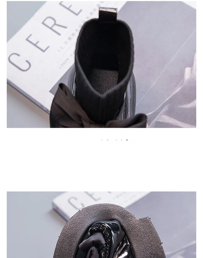 Children's Boots Fashion PU Solid Black Bow Girls Uniform 2025 Spring and Autumn New Kids Fashion Flying Knit School Socks Shoes