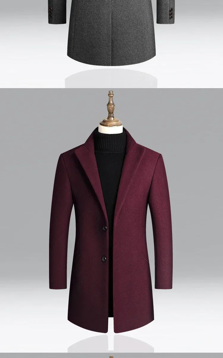 Men's Autumn Winter Long Woolen Coats Men's Business Office Casual Slim Solid Wool Windbreaker Thicken Warm Trench Jacket