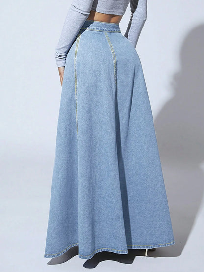Denim Skirts Women Long Skirt A Line Single Breasted High Waist Jeans Vintage Maxi Simple Casual Elegant Splice Y2k Streetwear