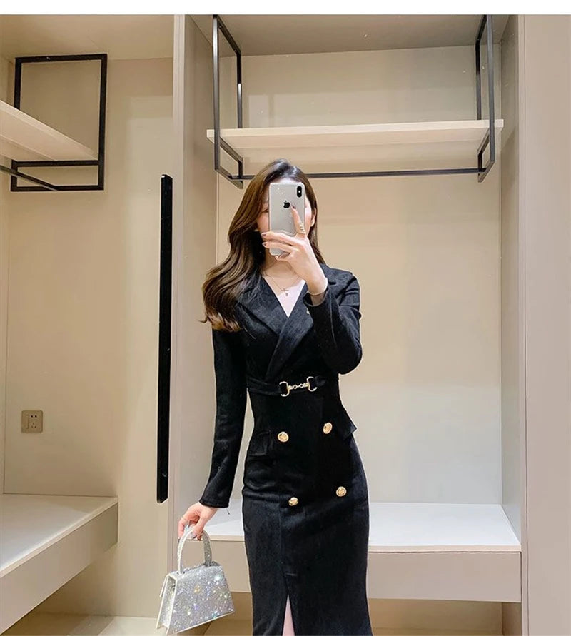 Office Lady Sexy Slim Blazer Dress Women Spring Korean Notched Collar Split Evening Party Dresses Elegant Midi Vestido De Fiest