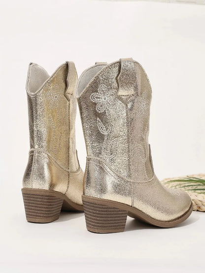 Luxury Gold Silver Western Knee High Boots Girls Premium Quality Slip-on Cowboy Long Booties Kids Heeled Point Toe Floral Botas