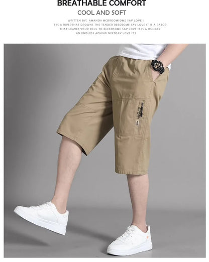 Men's Cargo Shorts Knee Pants Zipper Pocket Summer Cotton Shorts Climbing Jogger Elastic Waist Sports Wear