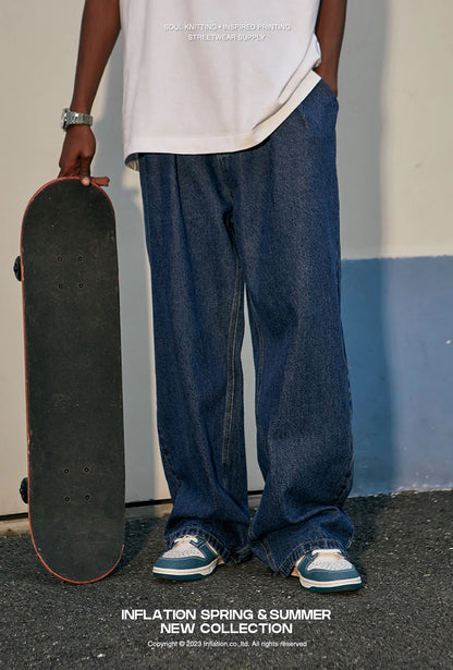 INFLATION Brown Retro Washed Denim Pants Unisex Classic Straight Leg Jeans Male Trouser Plus Size