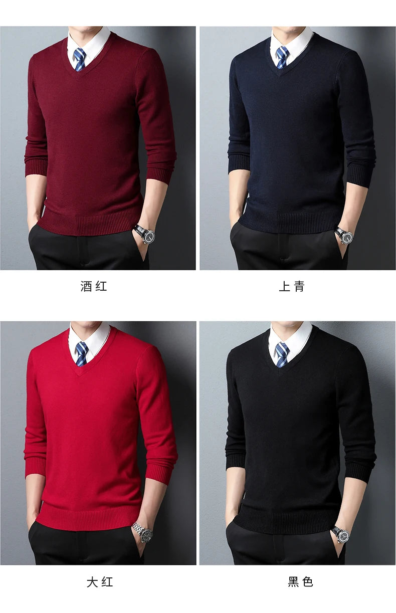 Men's Sweater Fashion Solid Color Warm Sweater Business Casual Heart Neckline Sweater Pullover Men