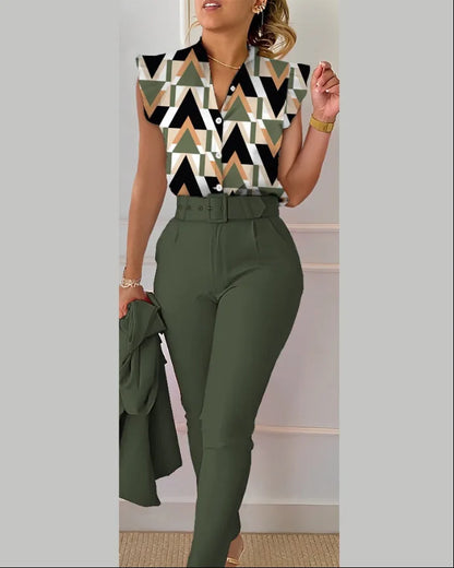 Womens Elegant Slim Two-Piece Sets Summer Fashion Print V Neck Button Flying Sleeve Shirt Top & Solid Long Pants Suits With Belt
