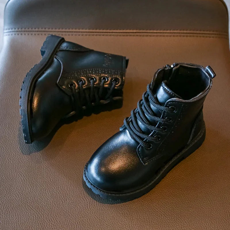 Kids Casual Boots PU Leather Black Zipper for Boys Girls Cross-tied Children Ankle High Boots Anti-skid Round Toes Soft Quality