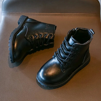 Kids Casual Boots PU Leather Black Zipper for Boys Girls Cross-tied Children Ankle High Boots Anti-skid Round Toes Soft Quality