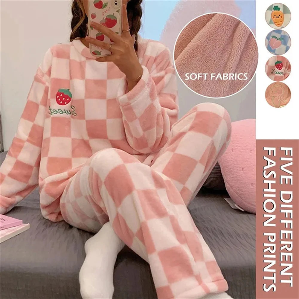 Autumn Winter Kawaii Cartoon Pajama Sets Women Pajamas Plaid Flannel Long Sleepwear Girl Pajama Night Suits Home wear PJ Suit