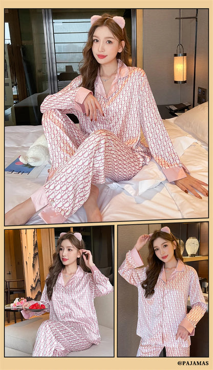 Women Casual Luxury Pajamas Thin Pajamas Female Sleepwear New Elegant Ladies Faux Silk Polyester Dots Pajama Sets Sexy Home wear