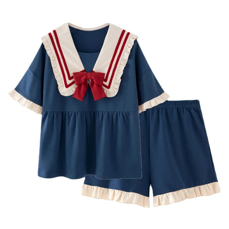 Pajamas Two-Piece Female Spring and Summer New Short-Sleeved Princess Navy Wind Sweet and Cute Students Cartoon Ladies Home wear