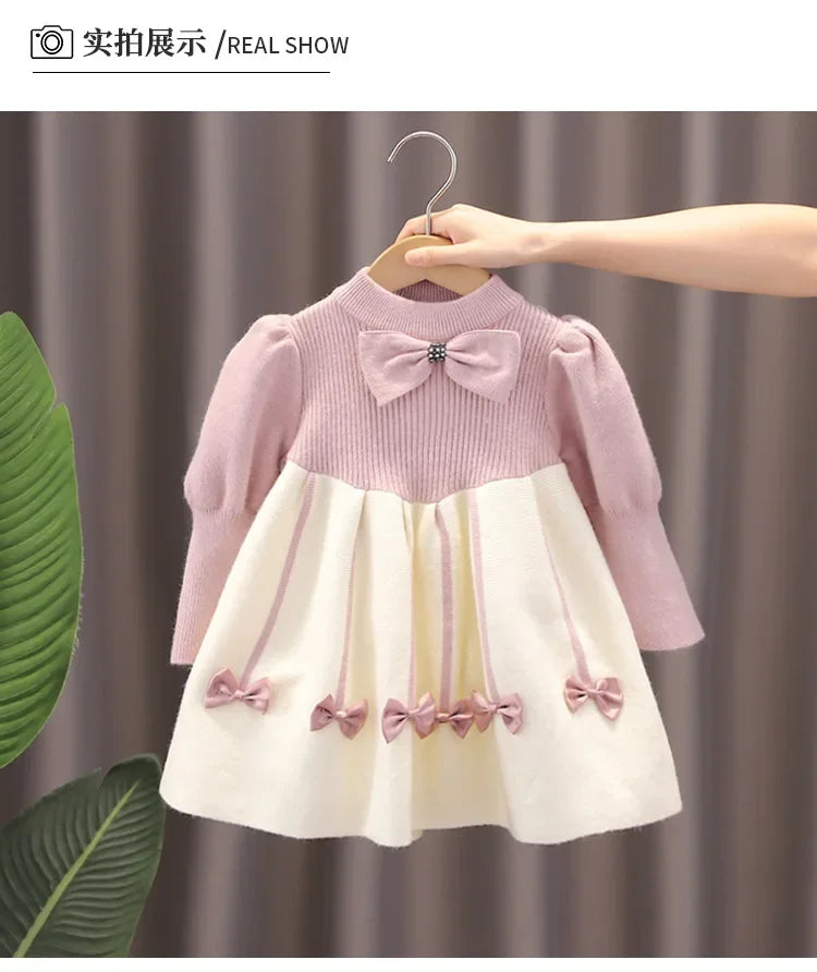 Autumn Winter Girls' Sweater Long Sleeve Dress 2025 Christmas Party Girl Baby Retro Cheongsam Lotus Leaf Knitted Wool Dress