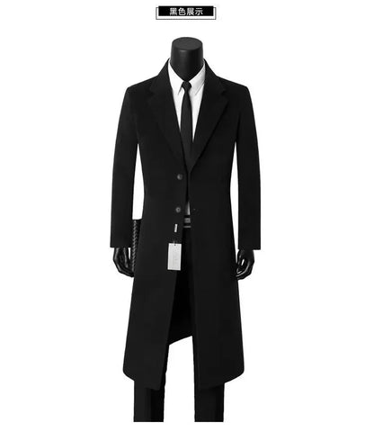 Men's Medium Length Woolen Coat, Business Casual  Warm Windbreaker, Suit Collar, Autumn, Winter