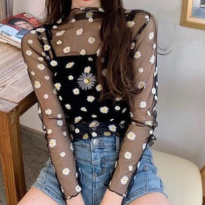 Women Daisy Print Lace Sheer Tops Sexy Tees Long Sleeve Thin Mesh Shirts Fashion Ladies Top 2025 Summer Sunscreen Blouse
