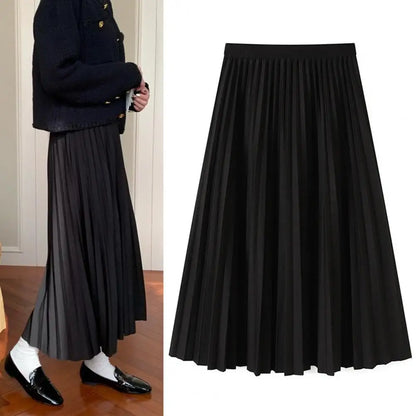 High Waist Pleated Skirt Elegant Women's Maxi Skirt with Elastic High Waist A-line Design Pleated Large Hem Solid Color for Work