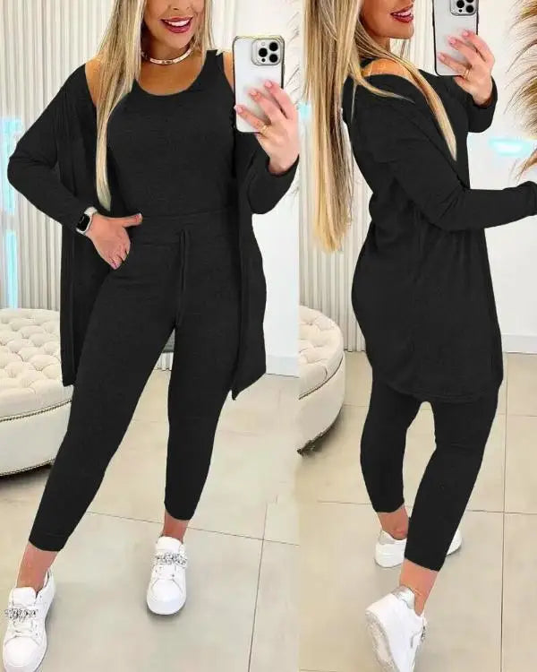 Elegant Fall Outfits Women 2025 Suit Fashion Versatile Casual Round Neck Tank Top & Drawstring Pants Set with Coat Three-piece