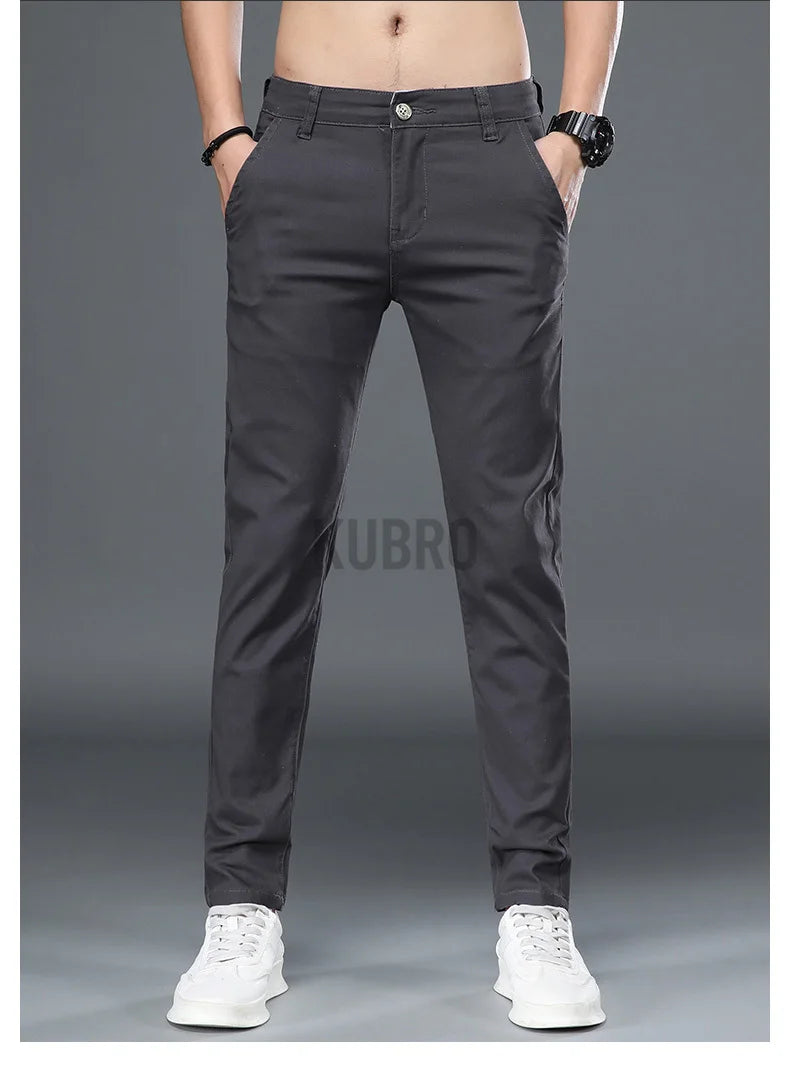 KUBRO Korean Style Cotton Soft Elastic Slim Straight Trousers Summer Thin Office Fashion Versatile Men's Business Casual Pants
