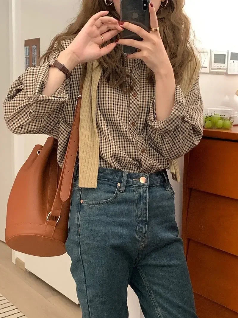 Plaid Shirts Women Retro Turn-down Collar Blouses All-match Straight Hong Kong Style Button Up Elegant Long Sleeve Outwear Femme