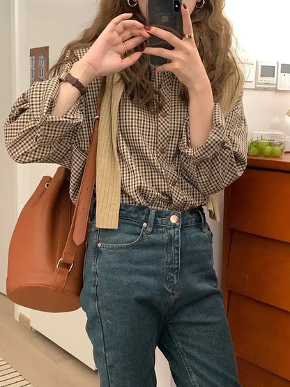 Plaid Shirts Women Retro Turn-down Collar Blouses All-match Straight Hong Kong Style Button Up Elegant Long Sleeve Outwear Femme