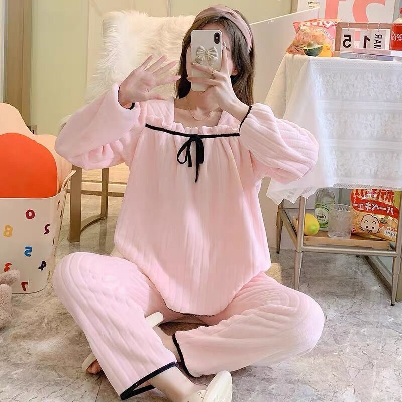 Square Collar Women Pajamas Set Winter Sleepwear Fleece Velvet 2 Piece Pant Home Suit Fluffy Korean Solid Pajama Warm Night Wear