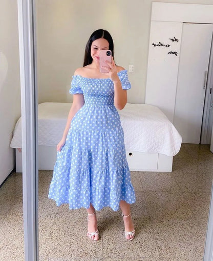 Elegant Women's Off Shoulder Midi Dress 2025 Summer Fashion dresses High Waist Flower Print Short  Sleeve Dress Robe Clothing