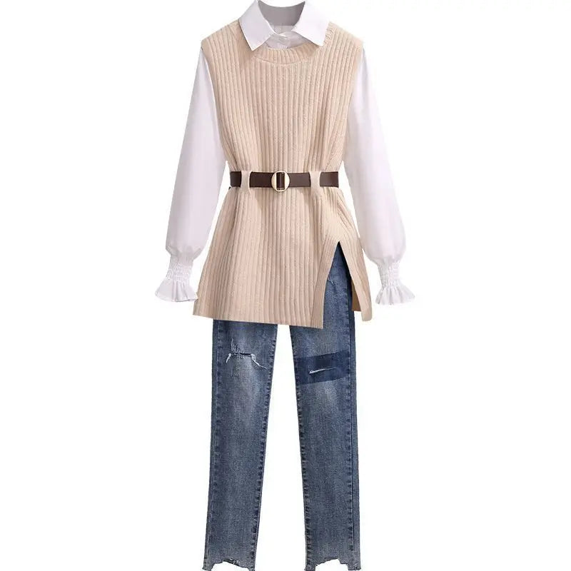 2025 Autumn Increased Size Korean Popular Chiffon Shirt Knitted Sweater Jeans Three Piece Elegant Women's Pants Set Tracksuit