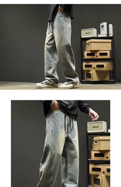 New American Retro Black Straight-leg Jeans For Men High-street Washed Fashionable Loose Wide-leg Floor-length Trousers Clothing