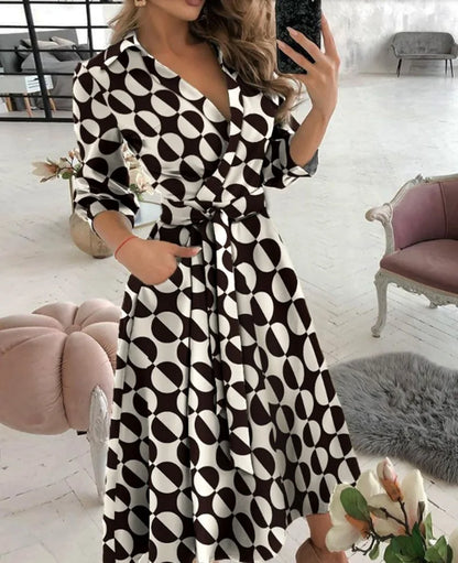 Office Women Casual Sashes A-Line Wrap Summer Dress 2025 Print Long Sleeve V-Neck Dress Pocket Elegant Midi Party Dress Vestidos