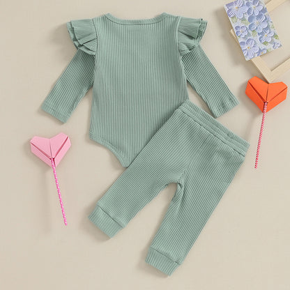 Mubineo 0 to18 Months Baby Girl Clothes Ribbed Romper Ruffle Long Sleeve Pants for Newborn Pink Outfits Baby Clothing Spring Set