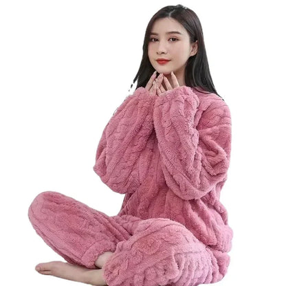 Fleece Women Pajamas Set Winter Sleepwear Solid Velvet 2 Piece Pant Home Suit Fluffy Casual Pajama Warm O-neck Night Wear