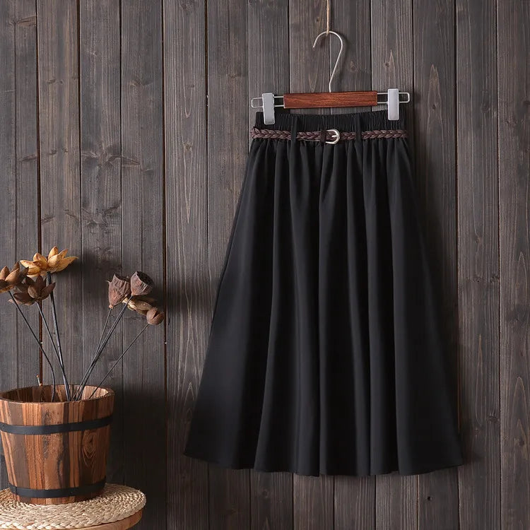 Midi Knee Length Summer Skirt Women With Belt  Fashion Korean Ladies High Waist Pleated A-line School Skirt Female