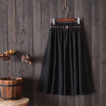 Midi Knee Length Summer Skirt Women With Belt  Fashion Korean Ladies High Waist Pleated A-line School Skirt Female