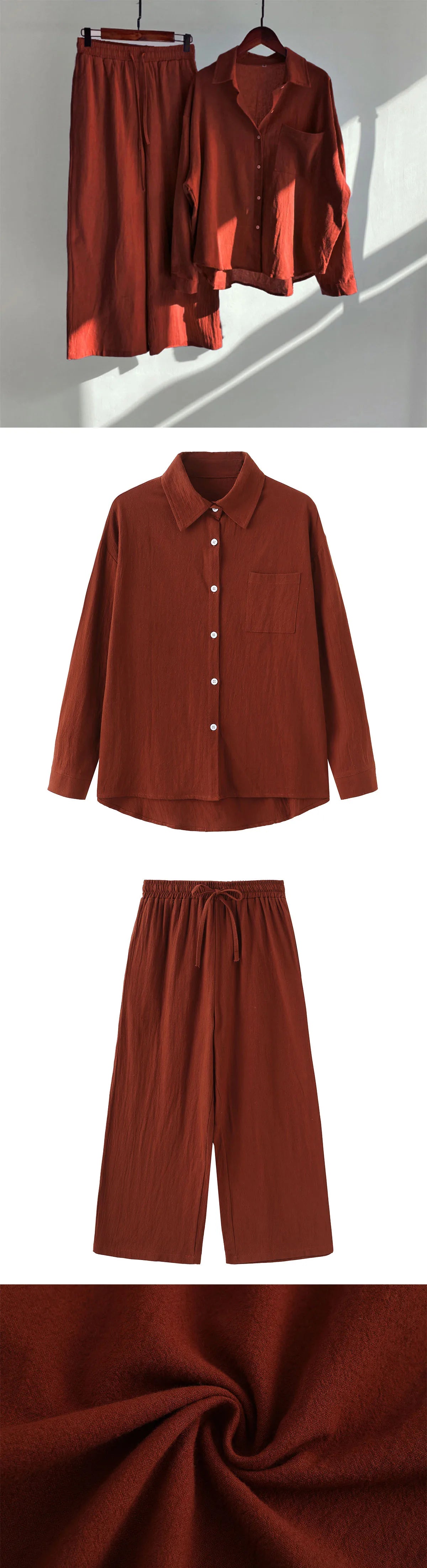 Loose Solid Color Cardigan Shirt Wide Leg Pants Women's 2-piece Set Of Retro Cotton Linen Shirt High Waist Long Pants Set Outfit