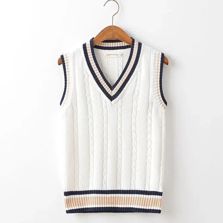 Striped White Knitted Sweaters for Men Blue Sleeveless Man Clothes V Neck Vest Red Waistcoat Jumpers Sweat-shirt Cotton
