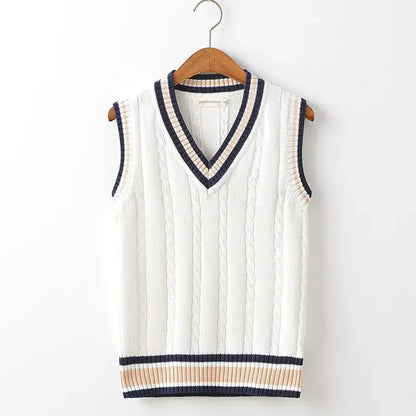 Striped White Knitted Sweaters for Men Blue Sleeveless Man Clothes V Neck Vest Red Waistcoat Jumpers Sweat-shirt Cotton