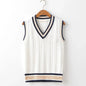 Striped White Knitted Sweaters for Men Blue Sleeveless Man Clothes V Neck Vest Red Waistcoat Jumpers Sweat-shirt Cotton