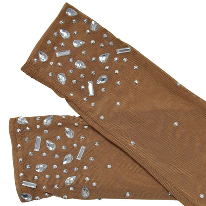 Women Sexy See Through Sheer Mesh Rhinestone Décor Long Sleeve Maxi Party Dress