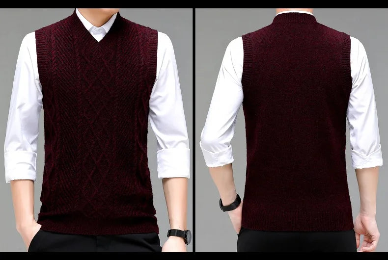 Stylish V-neck Jacquard Knit Sleeveless Sweater Vest for Men Middle-aged Men Fashion Solid Color Warm Top