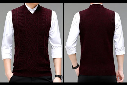 Stylish V-neck Jacquard Knit Sleeveless Sweater Vest for Men Middle-aged Men Fashion Solid Color Warm Top