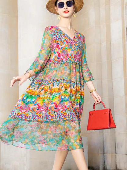 High Quality Summer 2025 Beach Boho Vintage Print Chiffon V Neck Dress Elegant Party Robe Designer Vespids Loose Midi Dress