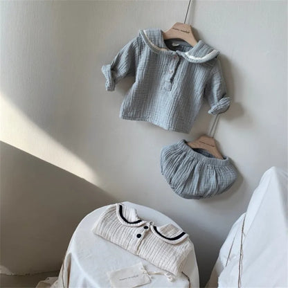 Baby Boy Girl Clothes Set Muslin Spring 0-5Y Baby Organic Cotton Lapel Navy Style Long Sleeve Tops + Shorts Newborn Baby Sets