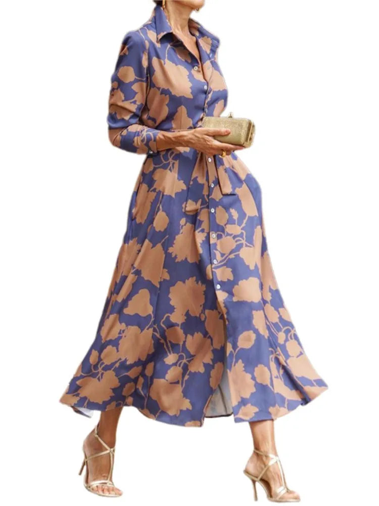 2025 Spring New Women's Fashion Style Printed Sexy Waist Strap Mid Length Single Breasted Long Sleeve Collar Dress