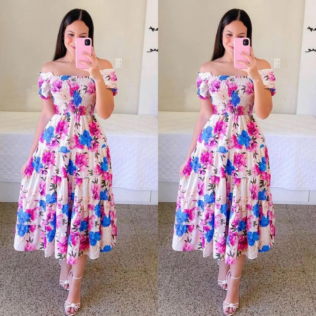 Elegant Women's Off Shoulder Midi Dress 2025 Summer Fashion dresses High Waist Flower Print Short  Sleeve Dress Robe Clothing