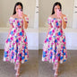 Elegant Women's Off Shoulder Midi Dress 2025 Summer Fashion dresses High Waist Flower Print Short  Sleeve Dress Robe Clothing