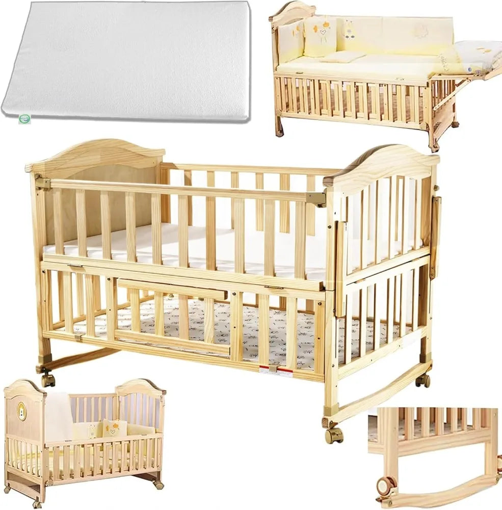 Mini Baby Crib 4 in 1 Convertible with Memory Foam Mattress(38"by 24") Included, Cunas para Babes 2024 Natural Wood Portable Crib