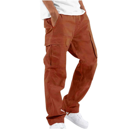 2025 new Men Spring Casual Trousers Solid Color Multi-Pocket Loose Straight Sports Fitness Pants Outdoor Cargo Pants Men