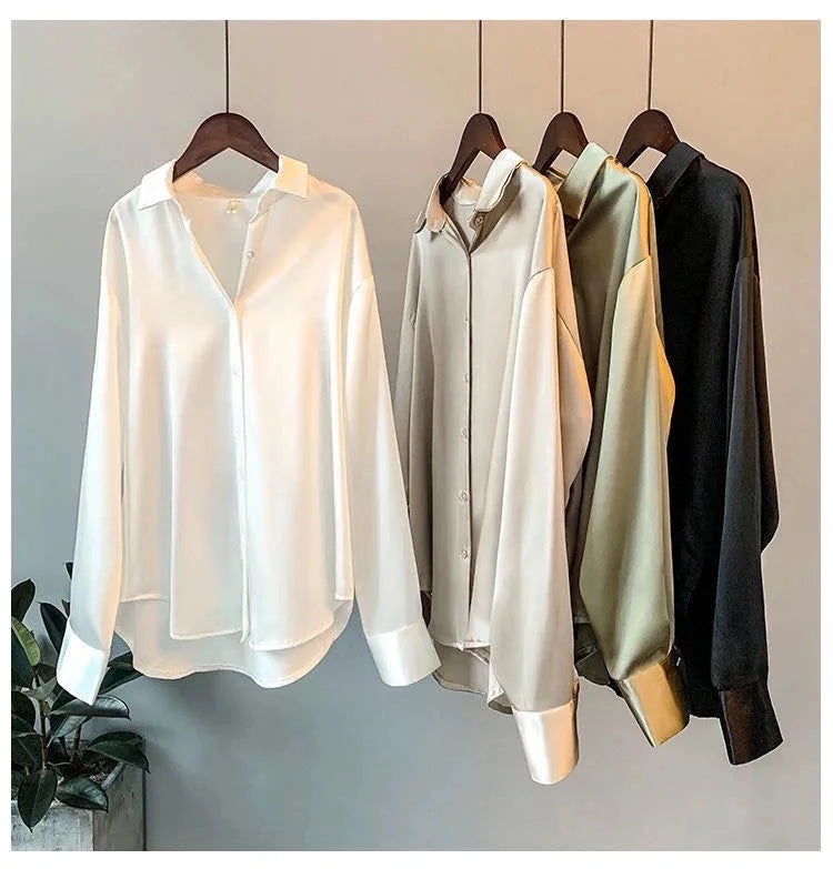 Spring Fashion Button Satin Silk Shirt Hong Kong Style Retro Shirt Women's White Top Women's Long sleeved Women's Loose Street