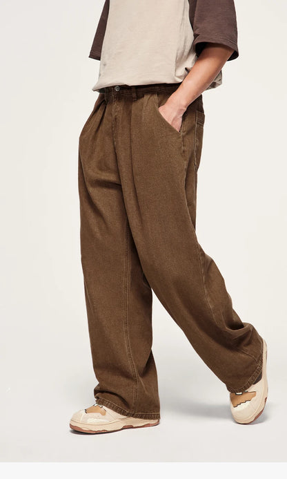 INFLATION Brown Retro Washed Denim Pants Unisex Classic Straight Leg Jeans Male Trouser Plus Size