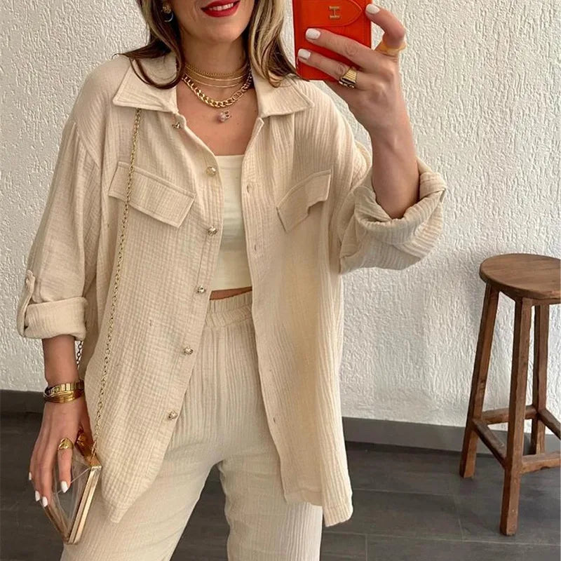 Summer outfits for women 2025 New Loose Button Long Sleeve Shirt and Cropped Pants Casual Sports Summer women's suit Pants Set