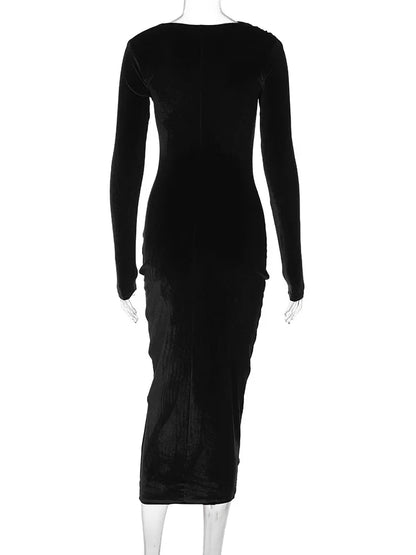 BWQ 2025 Spring Summer Velvet Long Sleeve Midi Dress For Women Ruched Long Dress Elegant Party Clothes Evening Green Outfits