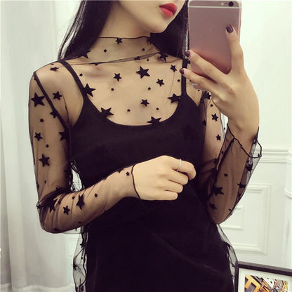 Women Daisy Print Lace Sheer Tops Sexy Tees Long Sleeve Thin Mesh Shirts Fashion Ladies Top 2025 Summer Sunscreen Blouse